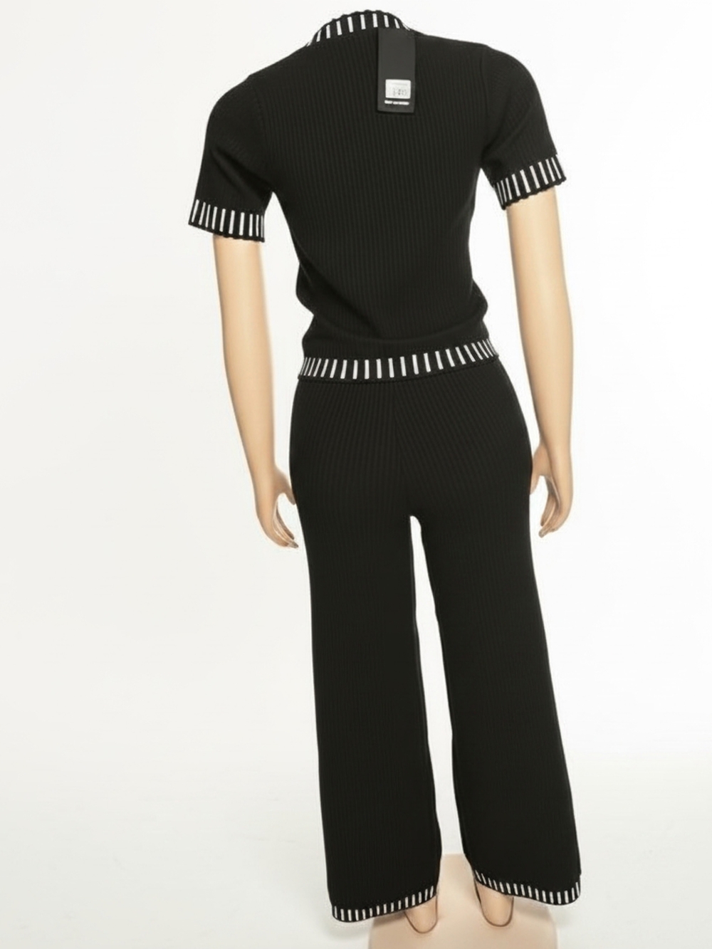 Black Ribbed Short-Sleeve Knit Jumpsuit with Contrast Trim